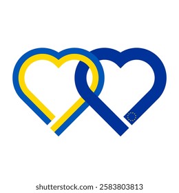 heart shaped ribbon of ukraine and european union flags intertwined. vector illustration isolated on white background