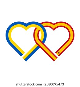 heart shaped ribbon of ukraine and spain flags intertwined. vector illustration isolated on white background