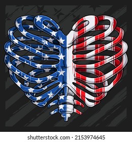 Heart shaped ribcage with USA flag pattern for 4th of July American independence day and Veterans day