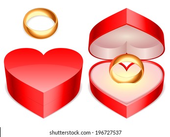 Heart shaped ring box with golden ring.