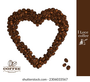 Heart shaped roasted coffee beans for coffee lovers isolated on white background. Vector Illustration