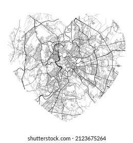 Heart shaped Rome city vector map. Black and white colors illustration. Roads, streets, rivers.