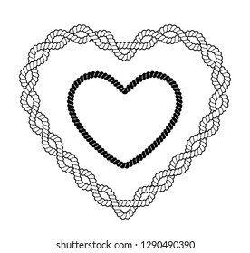 Heart shaped rope frames. Black and white vector illustration