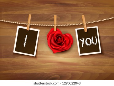 Heart shaped rose on rope and photos. Valentine's day background. Vector