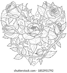 Heart shaped roses.Coloring book antistress for children and adults. Illustration isolated on white background.Zen-tangle style.