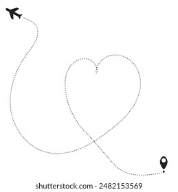 Heart Shaped Route Airplane Vector. Honeymoon Trips, Marriage Travel, Romantic.