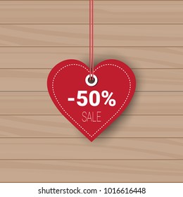 Heart Shaped Sale Tag Holiday Shopping For Valentines Day Sticker Discount On Wooden Texture Background Vector Illustration