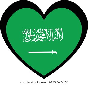 A heart shaped Saudi Arabian flag with green background and white Arabic inscription and sword, perfect for expressing love and pride for Saudi Arabia. Ideal for travel, celebrations, and culture.