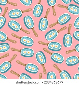 heart shaped scrambled eggs in a frying pan vector seamless pattern. Valentine Day lovers breakfast Romantic texture background.