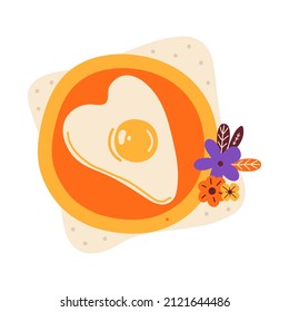 Heart shaped scrambled eggs on a plate. Romantic breakfast. Served cooked food for breakfast. Cartoon fried egg. Valentine's day. Hand drawn vector illustration in the Scandinavian style