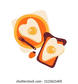 Heart shaped scrambled eggs on fried toast and in a plate. Romantic breakfast. Healthy sandwich. Cartoon fried egg on a piece of bread. Valentine's day. Hand drawn vector illustration in the Scandinav