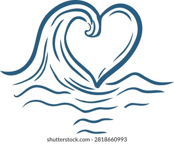 Heart shaped sea wave sketch. Hand drawn ocean water ripple in heart form outline illustration. Line art engraved vector element for romantic beach wedding design.