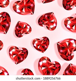 Heart shaped seamless pattern with red rubies. Background for Valentine's Day, Birthday, Women's day, Anniversary. Pink background. For valentines, banner, greeting cards. 3D Realistic style. Vector.