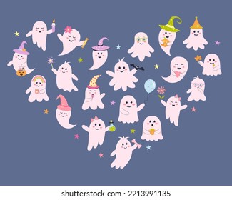 Heart shaped set of cute pink ghosts. Halloween baby characters for kids. Magic scary spirits with different emotions, facial expressions and accessories.