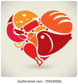 Heart shaped set of food icons
