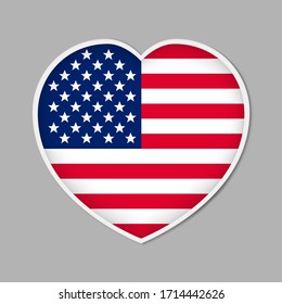 Heart shaped sign with US flag, vector illustration. USA patriotic badge or sticker.