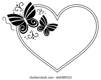 Heart shaped silhouette frame with butterflies. Vector clip art.