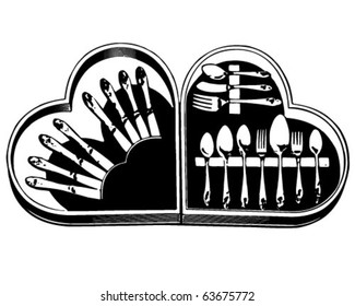 Heart Shaped Silverware Set - Retro Clipart Illustration