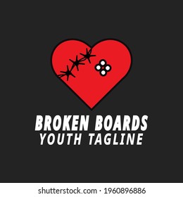 heart shaped skateboard logo and barbed wire in a punkrock emo style