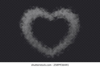 Heart Shaped Smoke effect on transparent dark background. Fog gray love cloud .