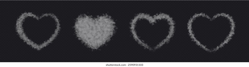 Heart Shaped Smoke effect set on transparent dark background. Fog gray love cloud .
