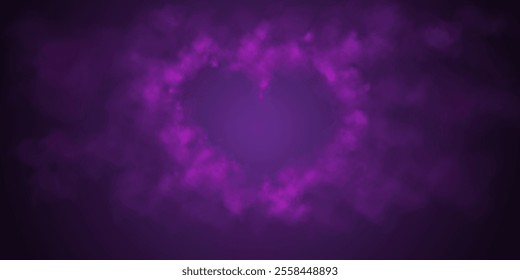 Heart shaped smoke effect, sign of love, smoke hearts, love. Purple waves of smoke from a hot drink, coffee, cigarettes, tea or food. Mockup of fog with swirls.	