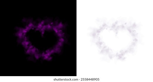 Heart shaped smoke effect, sign of love, smoke hearts, love. Purple waves of smoke from a hot drink, coffee, cigarettes, tea or food. Mockup of fog with swirls.	