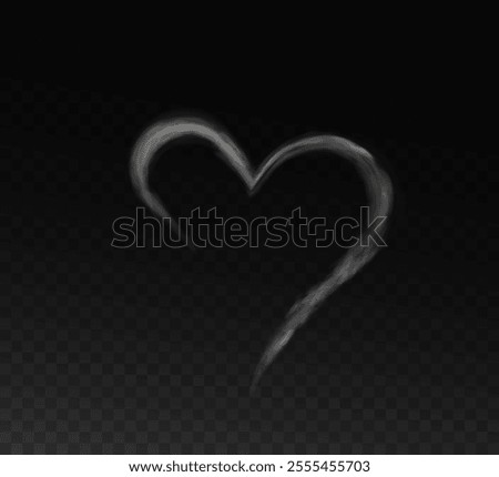Heart shaped smoke effect, sign of love, smoke hearts, love. White waves of smoke from hot drink, coffee, cigarettes, tea or food. Mockup of fog with swirls.