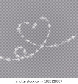 Copos de nieve con forma de corazón en un estilo plano en líneas de dibujo continuas. Rastreo de polvo blanco. Fondo abstracto mágico aislado sobre fondo transparente. Milagro y magia. Ilustración de vectores plana