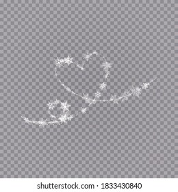 Heart shaped snowflakes in a flat style in continuous drawing lines. Trace of white dust. Magic abstract background isolated on on transparent background. Miracle and magic. Vector illustration flat