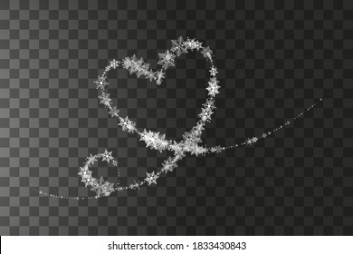 Copos de nieve con forma de corazón en un estilo plano en líneas de dibujo continuas. Rastreo de polvo blanco. Fondo abstracto mágico aislado sobre fondo transparente. Milagro y magia. Ilustración de vectores plana
