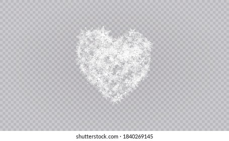 Heart shaped snowflakes in a flat style in continuous drawing lines. Trace of white dust. Magic abstract background isolated on on transparent background. Miracle and magic. Vector illustration flat