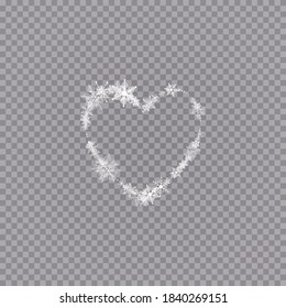 Copos de nieve con forma de corazón en un estilo plano en líneas de dibujo continuas. Rastreo de polvo blanco. Fondo abstracto mágico aislado sobre fondo transparente. Milagro y magia. Ilustración de vectores plana
