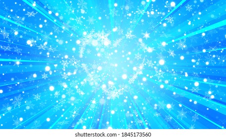 Copos de nieve con forma de corazón en un estilo plano en líneas de dibujo continuas. Rastreo de polvo blanco. Fondo mágico abstracto aislado en fondo azul. Milagro y magia. Diseño plano de ilustración vectorial.
