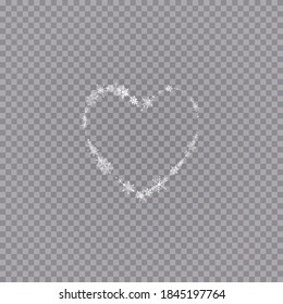 Copos de nieve con forma de corazón en un estilo plano en líneas de dibujo continuas. Rastreo de polvo blanco. Fondo abstracto mágico aislado sobre fondo transparente. Milagro y magia. Ilustración de vectores plana