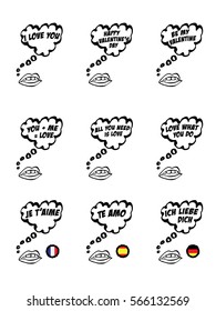 Heart shaped speech bubbles with love messages in English, French, Spanish, German