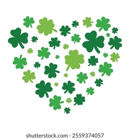 Heart shaped St Patricks Day design with shamrock. Clover vector illustration for traditional Irish holiday. Decorative element for greeting cards, prints, banners, posters