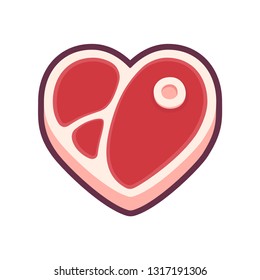 Heart shaped steak, cartoon style piece of meat. Isolated vector illustration.