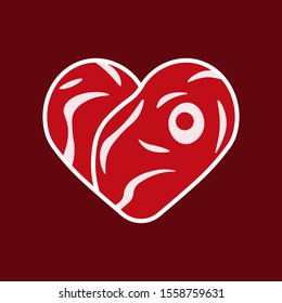 Heart shaped steak isolated vector illustration. Cartoon style piece of raw meat. Meat lovers Valentines day funny greeting card.