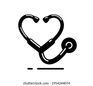 Heart shaped stethoscope vector simple icon isolated over white background, cardiology theme illustration or logo.