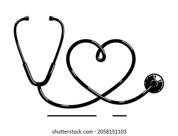 Heart shaped stethoscope vector simple icon isolated over white background, cardiology theme illustration or logo.