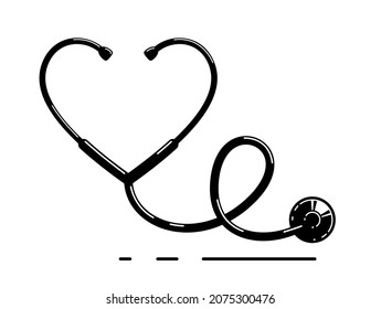 Heart shaped stethoscope vector simple icon isolated over white background, cardiology theme illustration or logo.