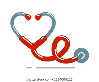 Heart shaped stethoscope vector simple icon isolated over white background, cardiology theme illustration or logo.