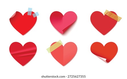 Adesivos em forma de coração, papel decorativo vetor coração notas adesivas com cantos dobrados, fitas adesivas e brilhos. Dia dos Namorados cartão de amor de feriado, adesivos românticos e etiquetas de papelaria criativas
