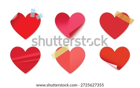 Heart shaped stickers, decorative vector paper heart sticky notes with folded corners, adhesive tapes and glitters. Valentine Day holiday love card, romantic stickers and creative stationery tags