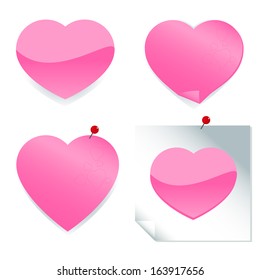 Heart shaped stickers and post notes. Adhesive heart labels for notes. Vector Illustration