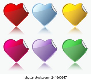Heart shaped stickers with reflection. Vector illustration.