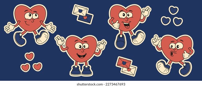 Heart shaped stickers in trendy 80s, 90s, 2000s groovy retro style. Valentine's Day. Health, love. Vector illustration.