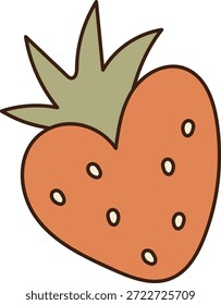 Fresa en forma de corazón con corona de hoja y detalle de semilla, contorno audaz, ambiente groovy. Símbolo de amor, romance, dulzura y frescura, perfecto para la marca y el saludo. Ilustración vectorial de dibujos animados.