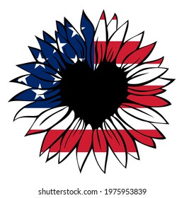 Heart shaped sunflower in the colors of the American flag, 4th of July, Independence day, vector illustration isolated on white background